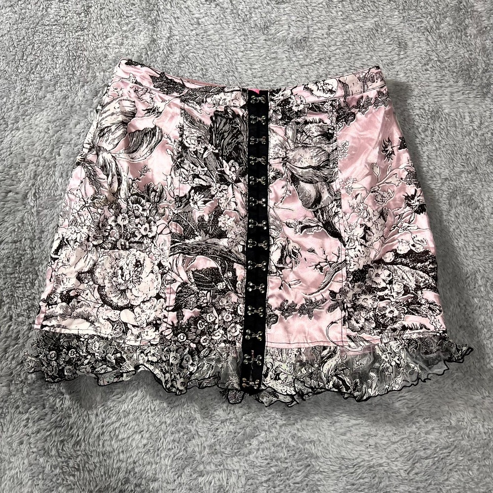 Sugar Thrillz Draped In Dawn Mini Skirt Womens Large Pink Black Floral Print